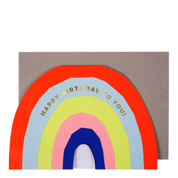 This beautiful bright birthday card features a rainbow and the words "Happy Birthday To You" in gold lettering. 