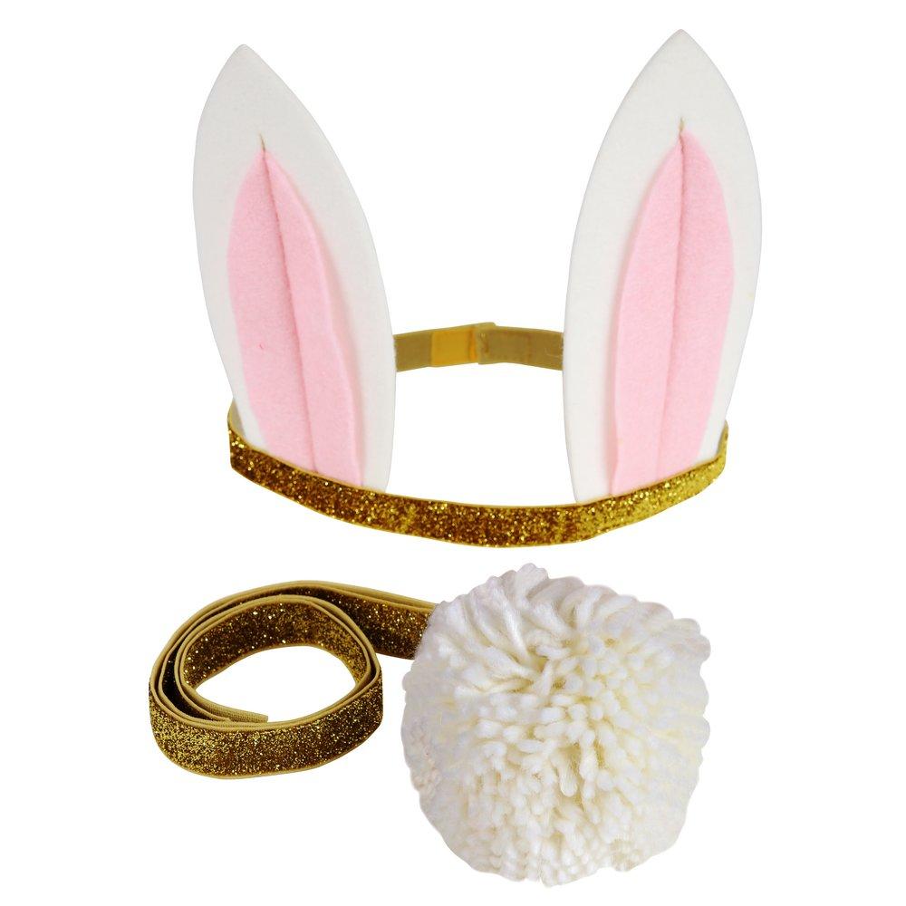 This costume features fabulous felt ears, and a cheeky pompom tail, with gold glitter elastic with hook and loop fasteners. 