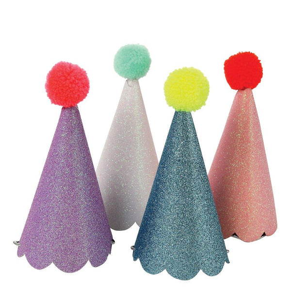 These fun hats are topped with colourful pompoms and covered with crystal glitter. 