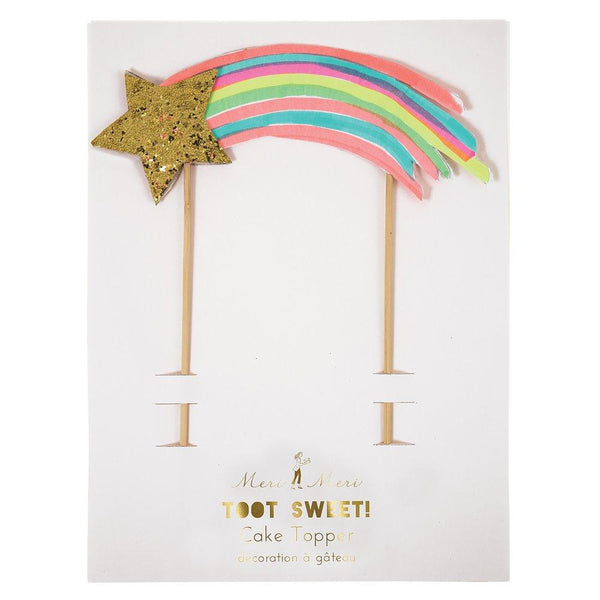 This shooting star cake topper, with neon print and gold glitter detail, is a wonderful cake decoration. 