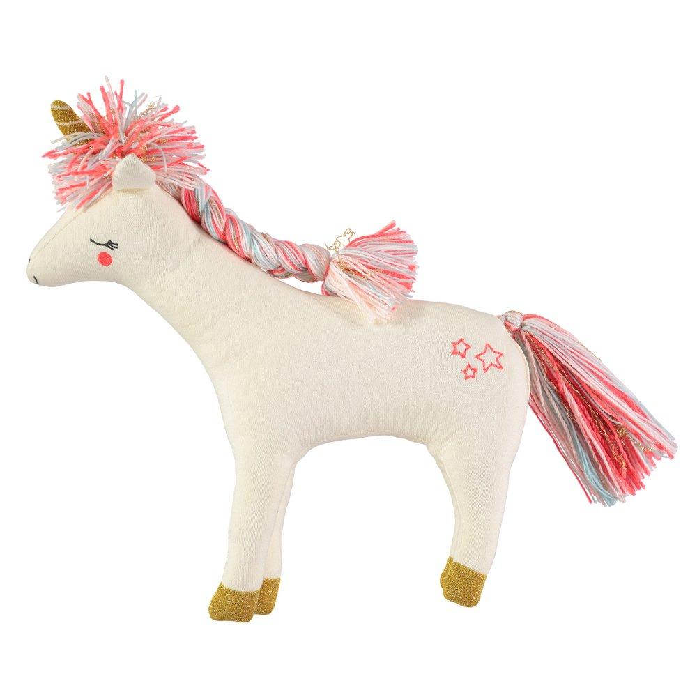 Bella, the unicorn toy, is crafted from knitted organic cotton, has a shiny gold horn and a gorgeous yarn mane and tail. 