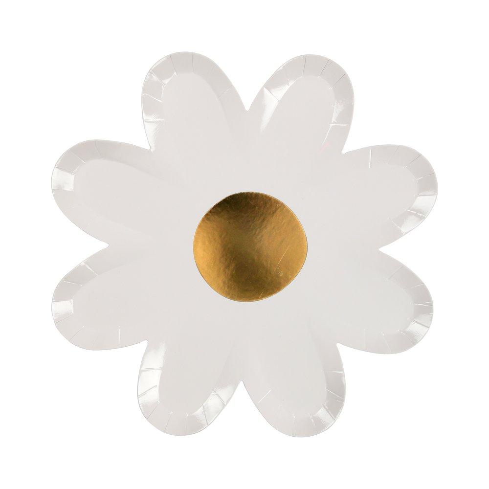 White daisy-shaped paper plates with a gold foil centre