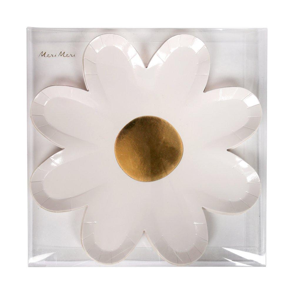 White daisy-shaped paper plates with a gold foil centre