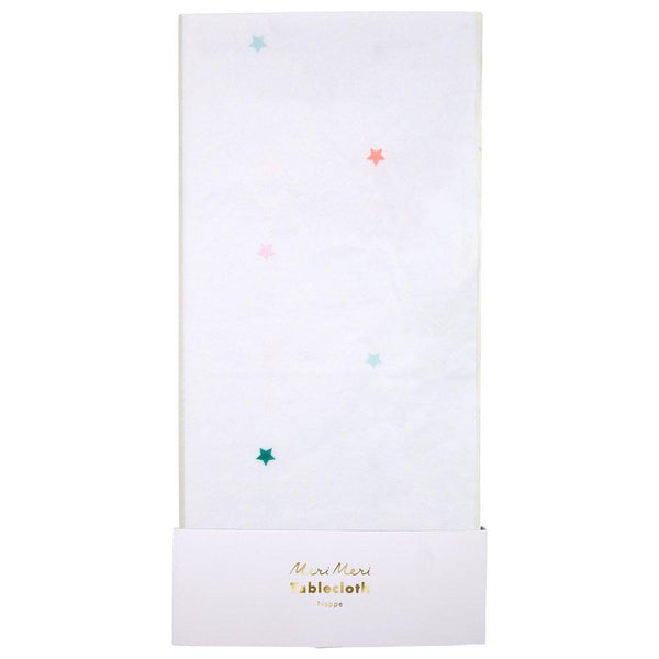 This paper tablecloth is covered with bright stars, perfect for colourful party tableware. 