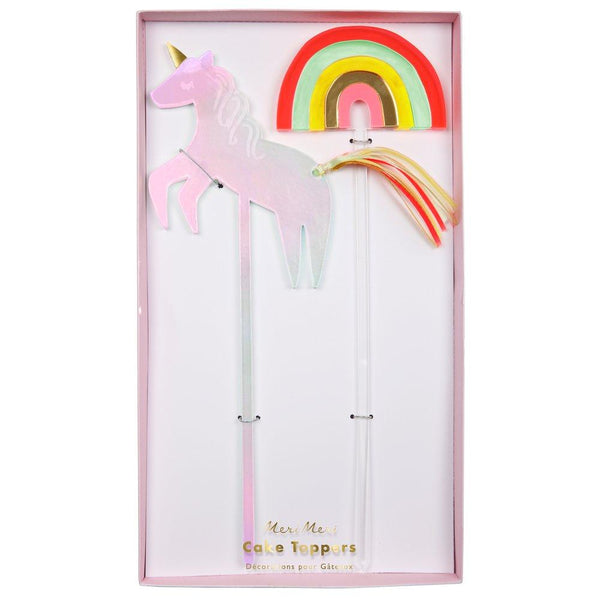 These beautiful unicorn and rainbow cake toppers are crafted from acrylic in bright shades with shiny gold foil detail.