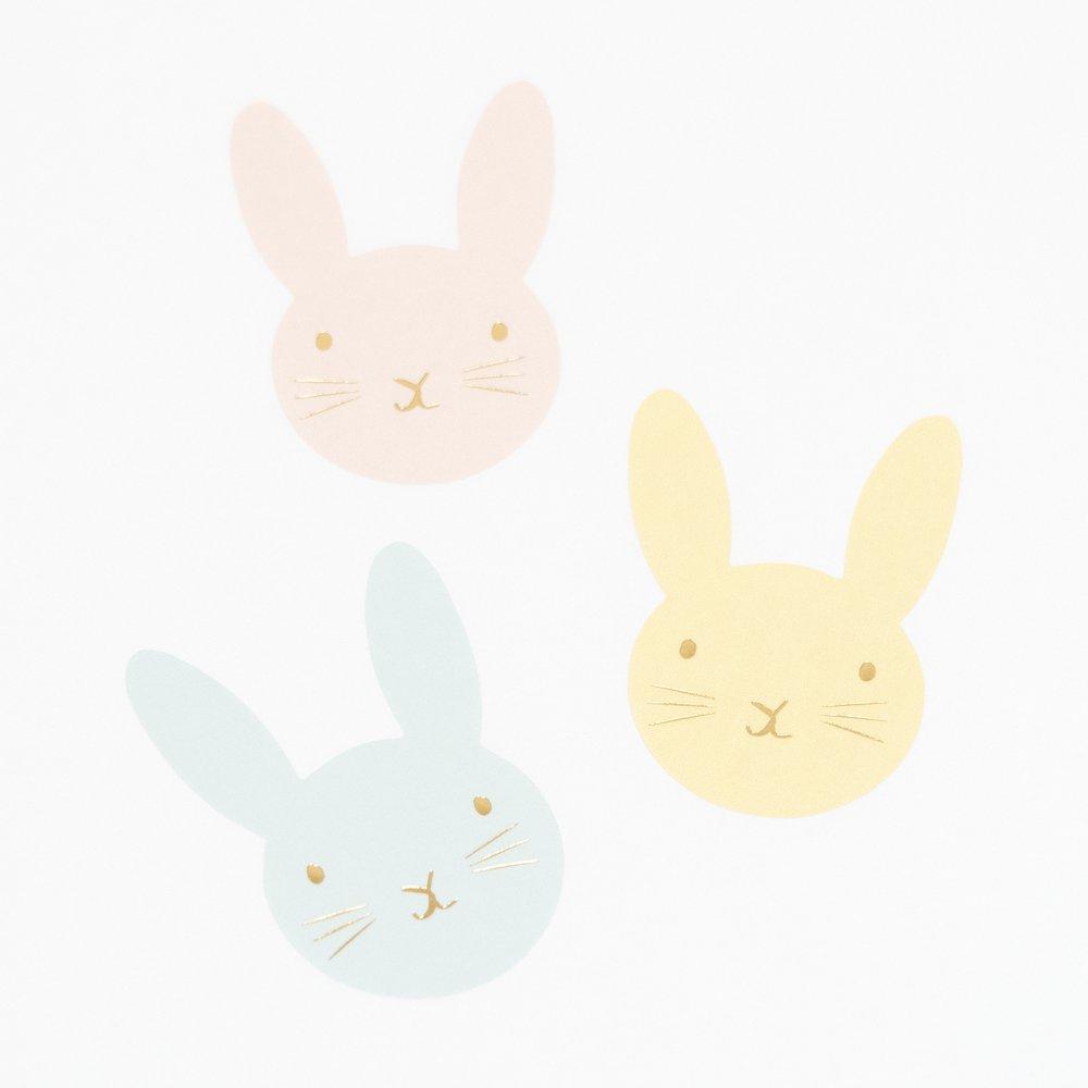 The pack contains 50 adorable bunny stickers in blue, mint, peach and yellow