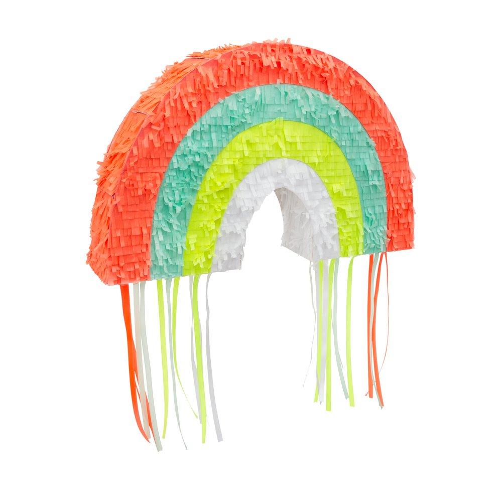 This rainbow pinata is beautifully decorated with colourful stripes and hanging ribbons. 