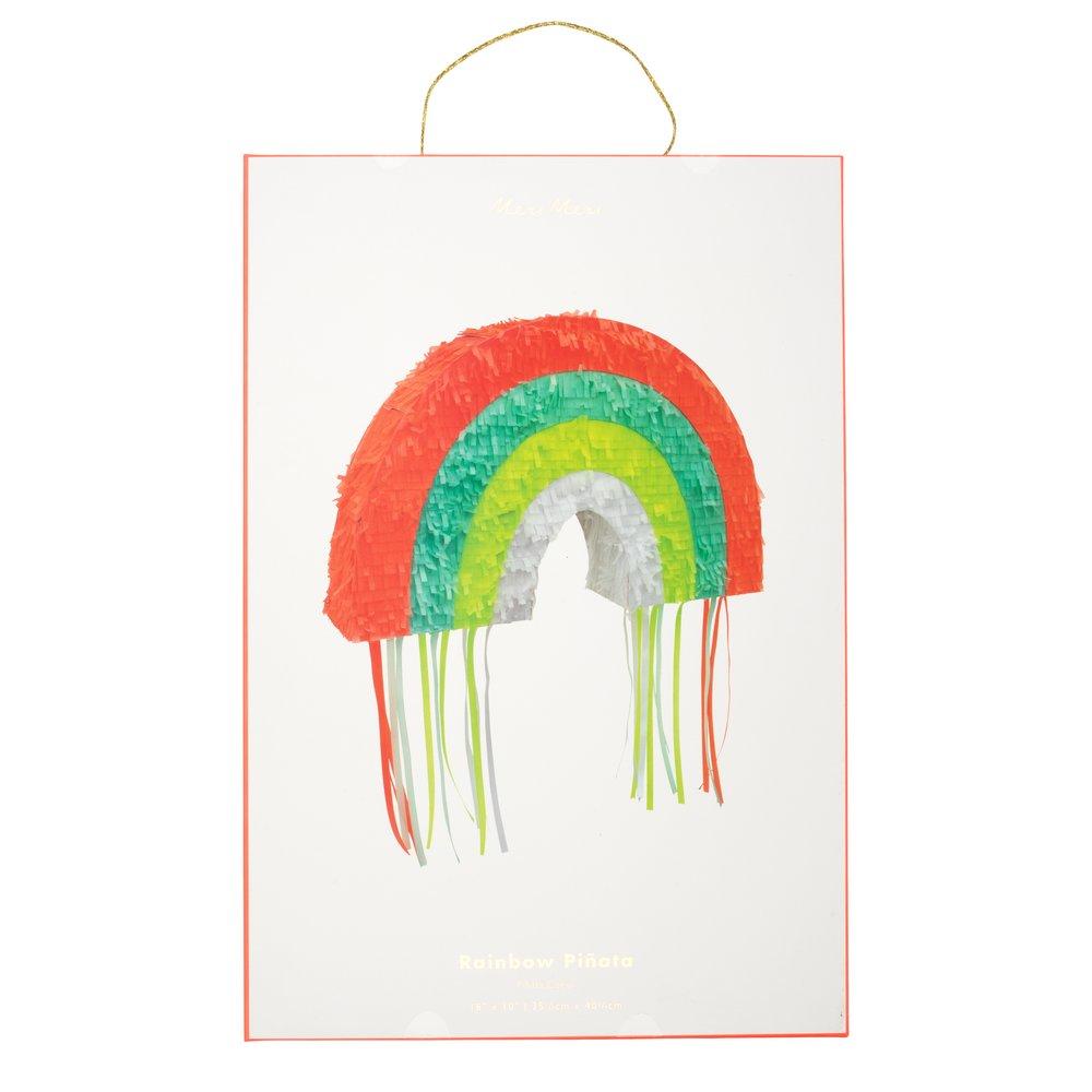 This rainbow pinata is beautifully decorated with colourful stripes and hanging ribbons. 