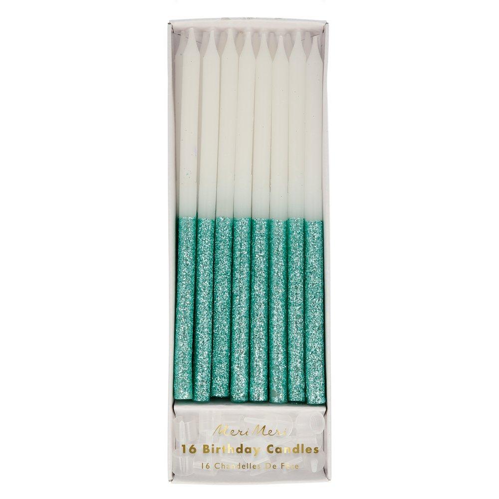 Green Glitter Dipped Candles (set of 16)