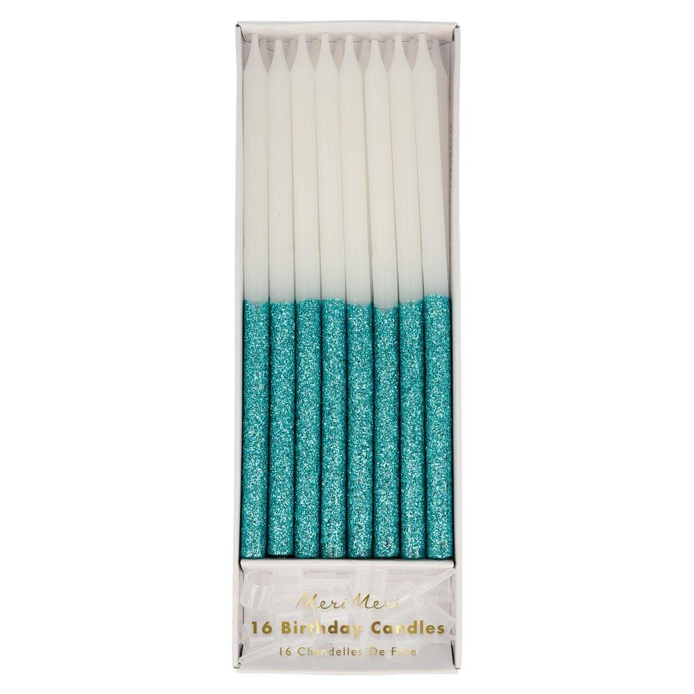 Blue Glitter Dipped Candles (set of 16)