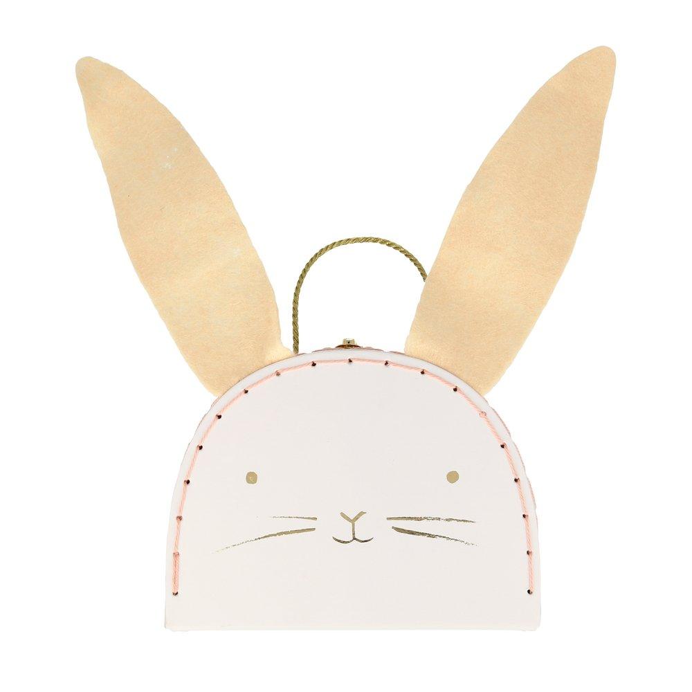 The bunny case opens to reveal an adorable mini bunny doll, with a striped tote bag and felt carrots. 