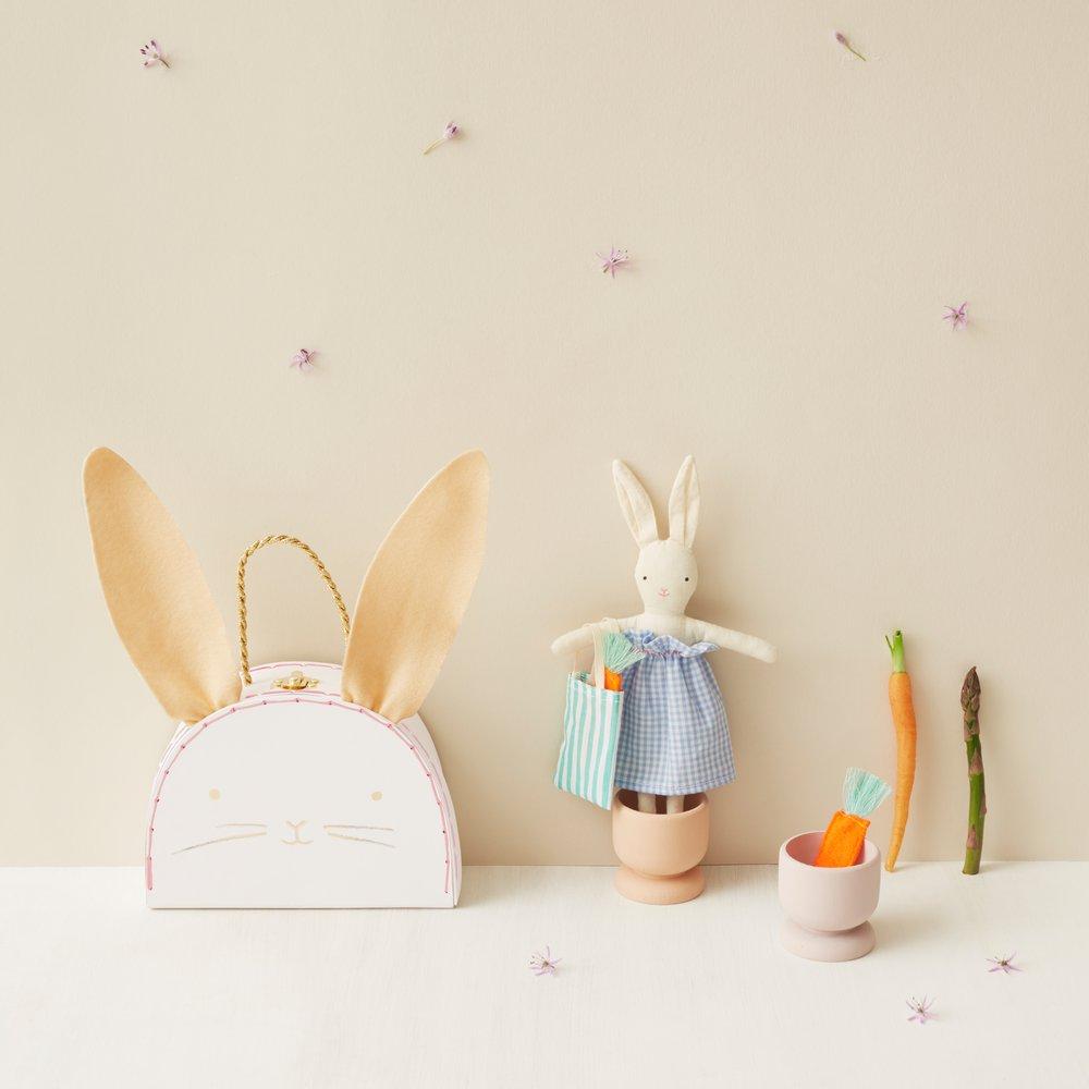 The bunny case opens to reveal an adorable mini bunny doll, with a striped tote bag and felt carrots. 