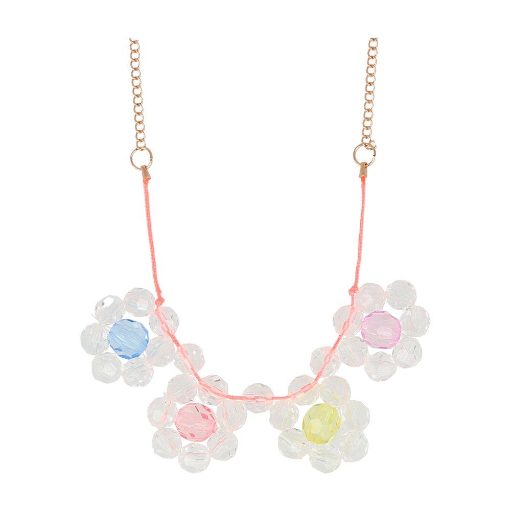 This pretty necklace is crafted with 4 bead flower pennants, and a neon cord with a gold tone chain fastener.