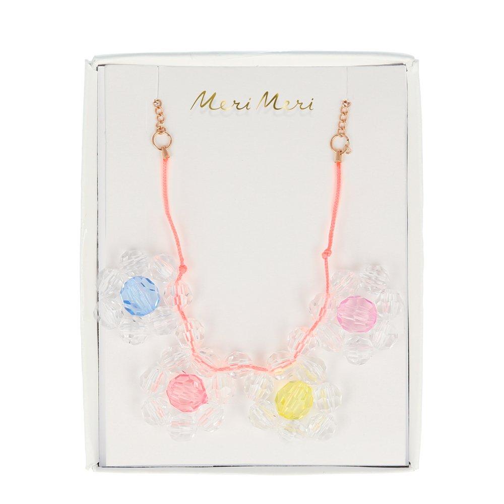 This pretty necklace is crafted with 4 bead flower pennants, and a neon cord with a gold tone chain fastener.