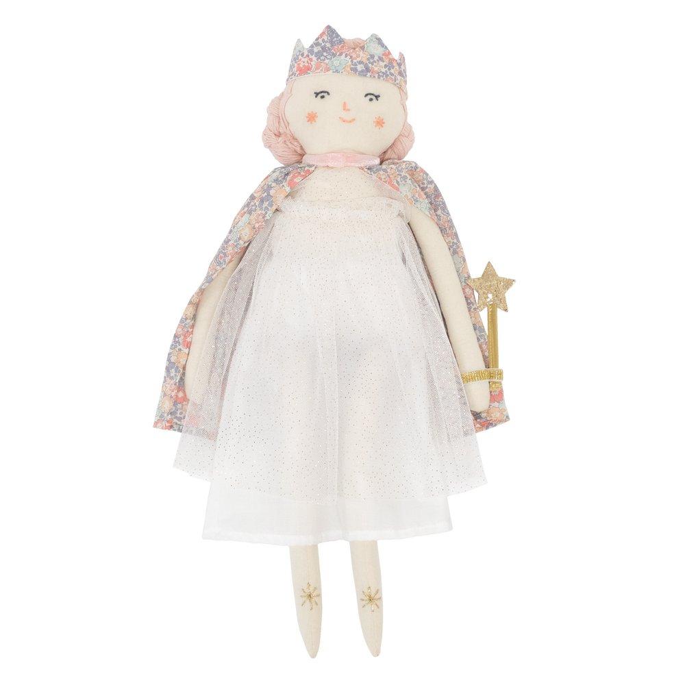 This beautiful princess doll has a white tulle dress with a Liberty floral cape, a crown and a star wand.