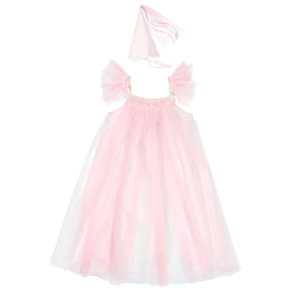 This girls costume, with a princess dress and hat with tassels, is perfect for a princess party. 