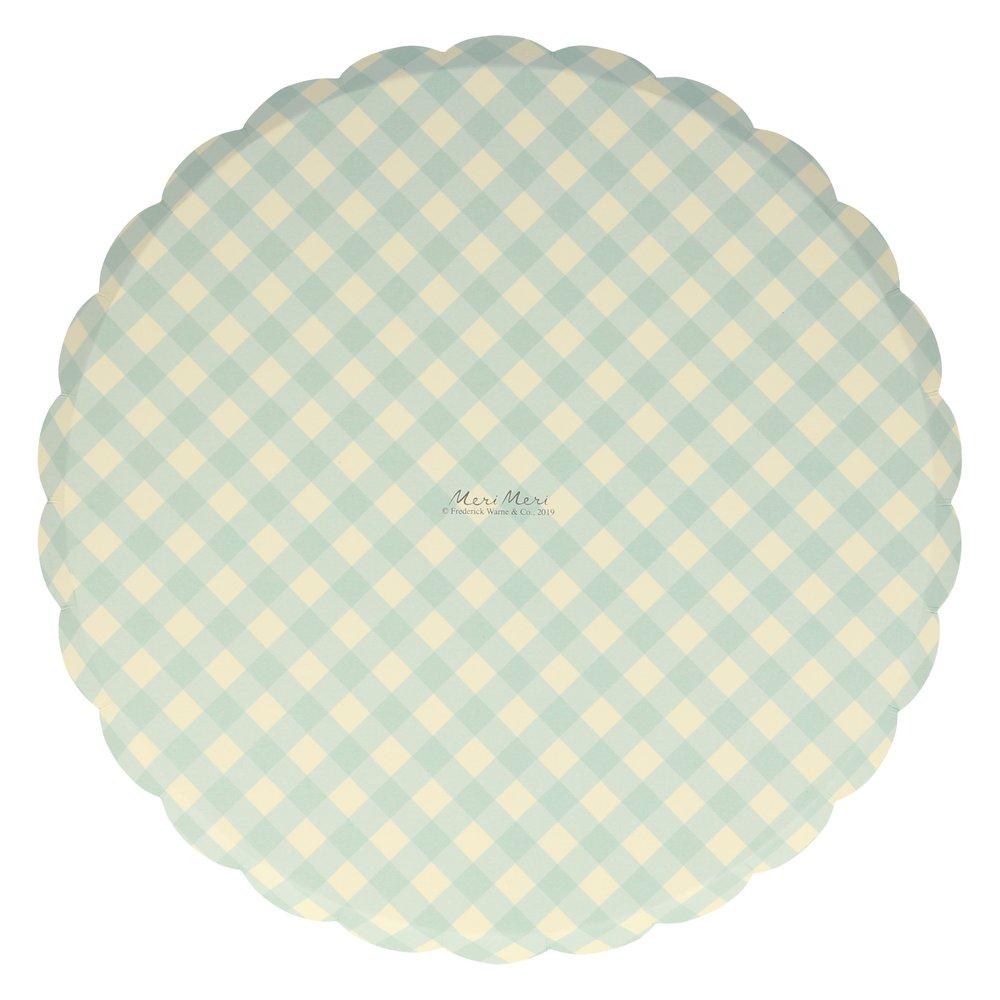 These plates feature illustrations of Peter Rabbit characters on the front, and a gingham design on the back. 