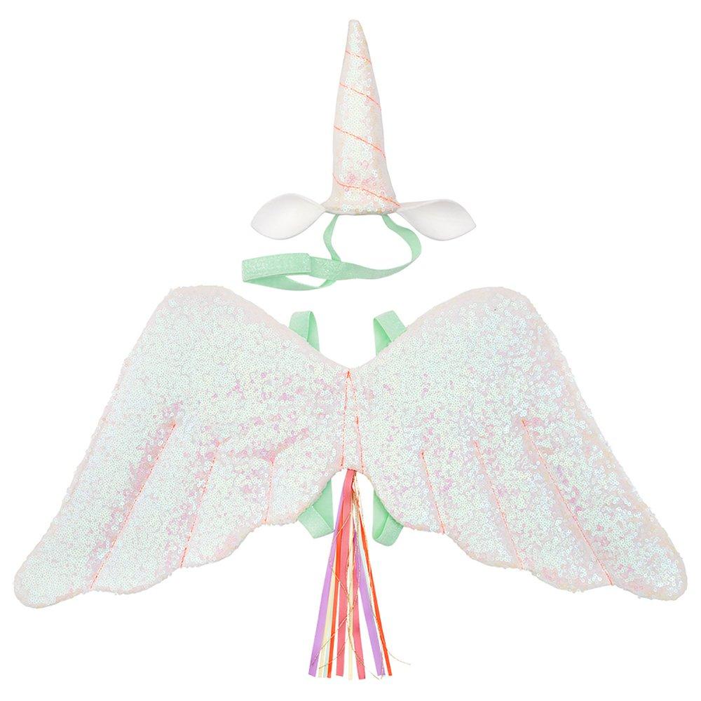 The glittery wings and unicorn headdress are crafted from pink iridescent glitter sequin fabric, with ribbon tassles.