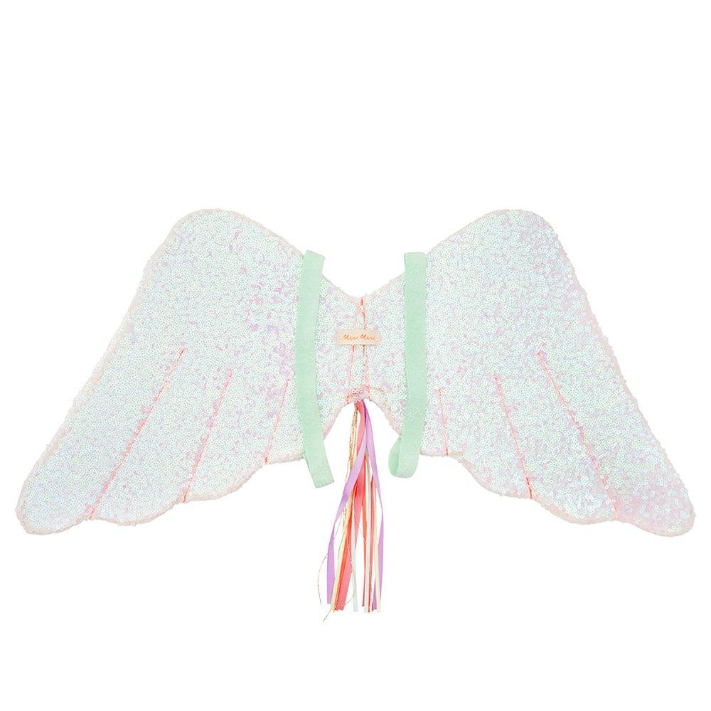 The glittery wings and unicorn headdress are crafted from pink iridescent glitter sequin fabric, with ribbon tassles.