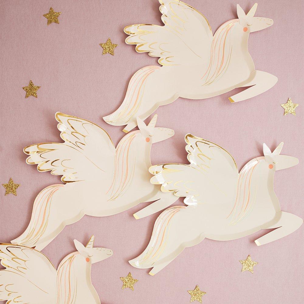 These delightful plates feature a winged unicorn with shimmering gold foil detail. 