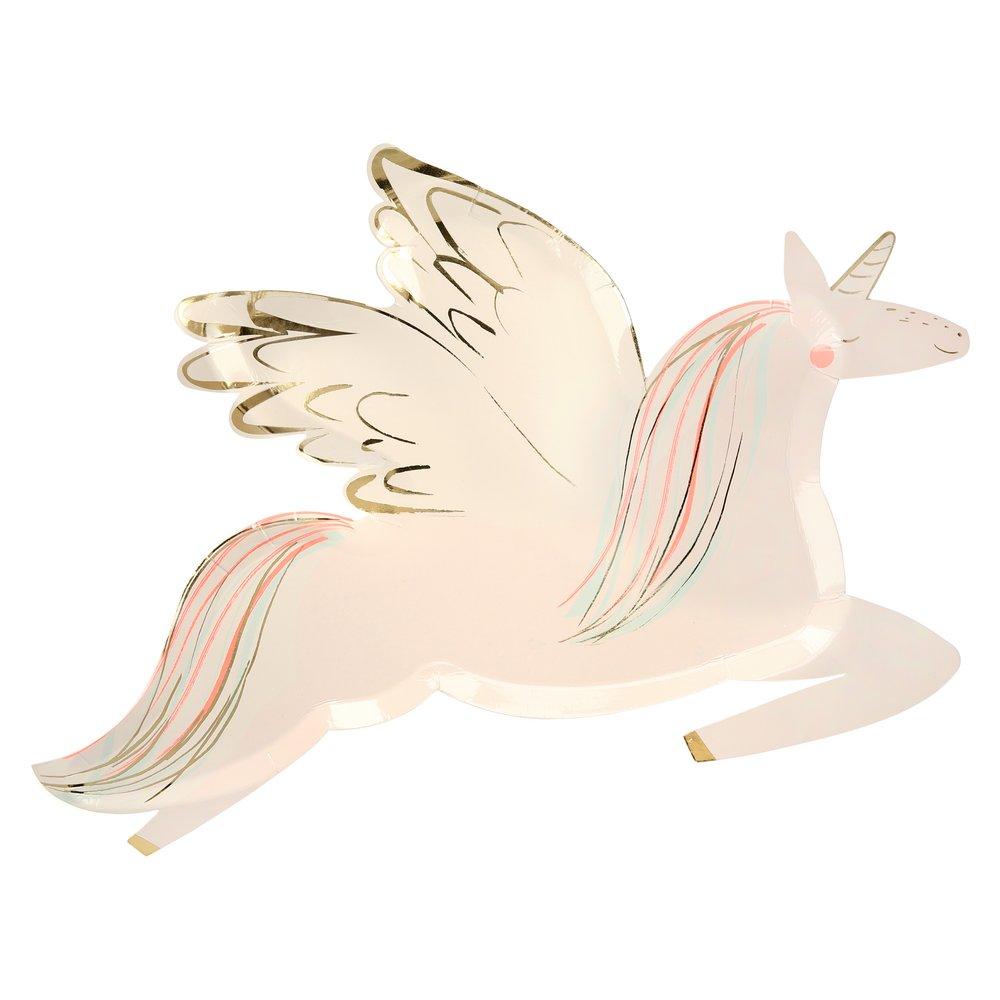 These delightful plates feature a winged unicorn with shimmering gold foil detail. 