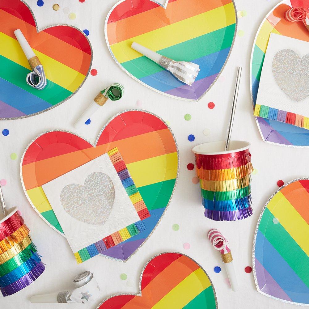 These love heart plates are printed with brightly coloured stripes and a silver sparkly foil border. 