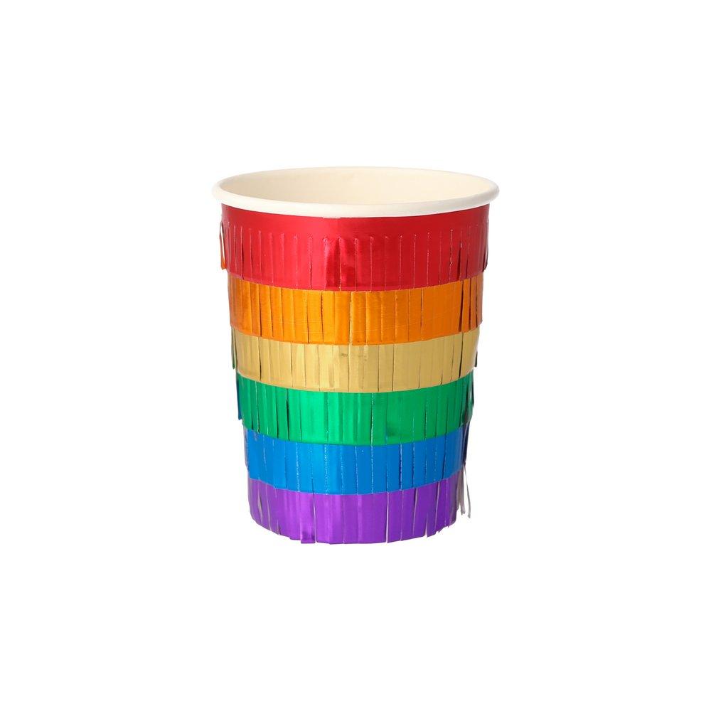 The foiled fringed sleeve adds a rainbow of colour to these colourful party cups. 