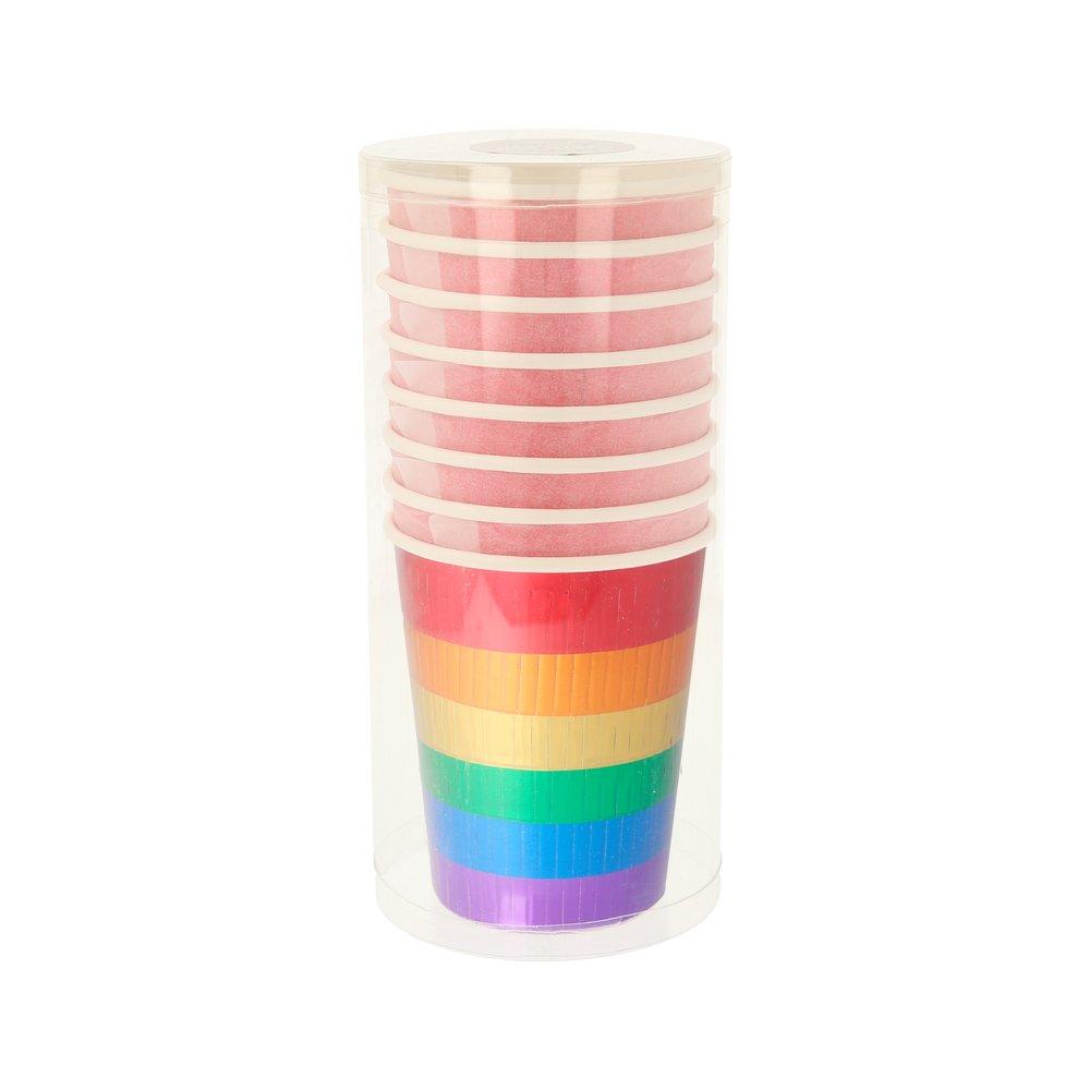 The foiled fringed sleeve adds a rainbow of colour to these colourful party cups. 