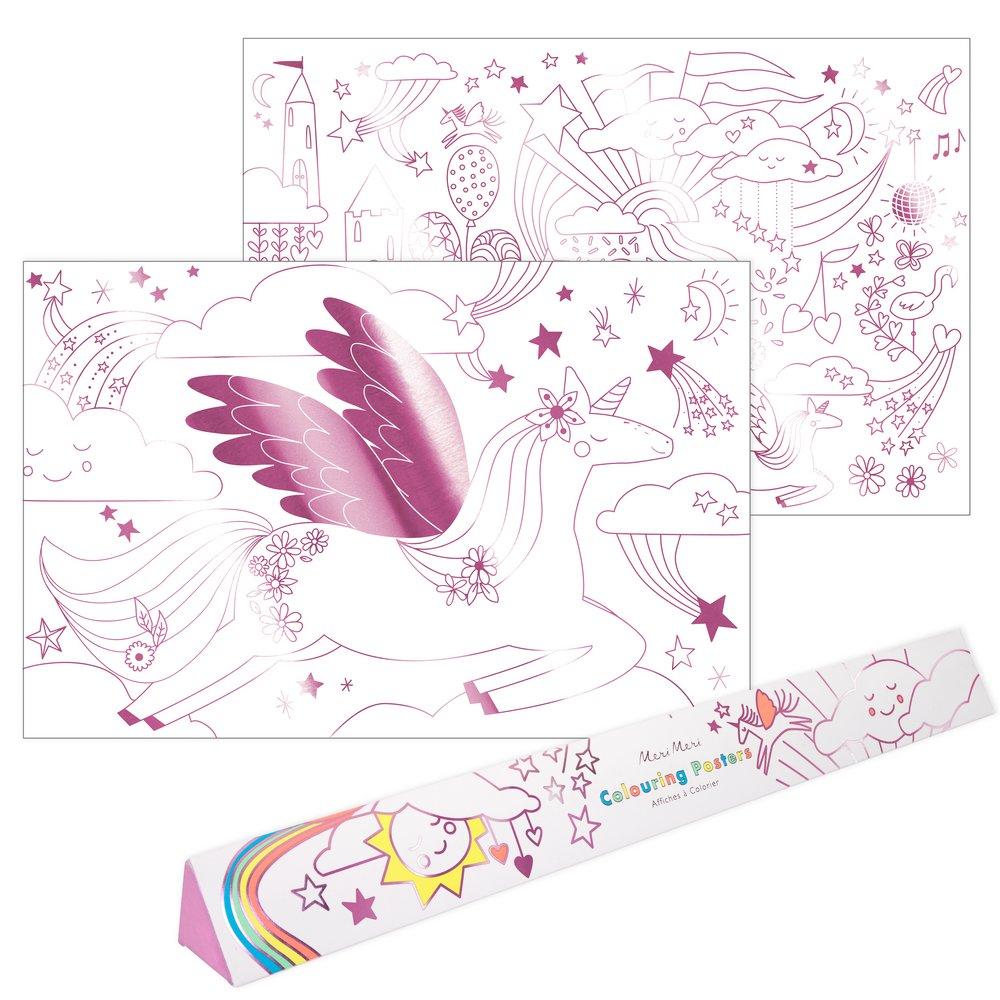 The pink foil illustrations of unicorns in a happy world are fun to colour in. 