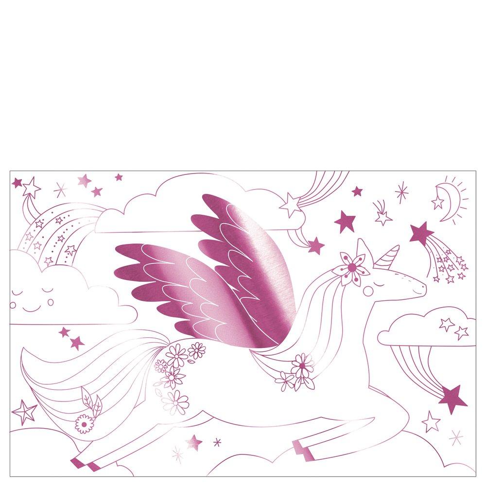 The pink foil illustrations of unicorns in a happy world are fun to colour in. 