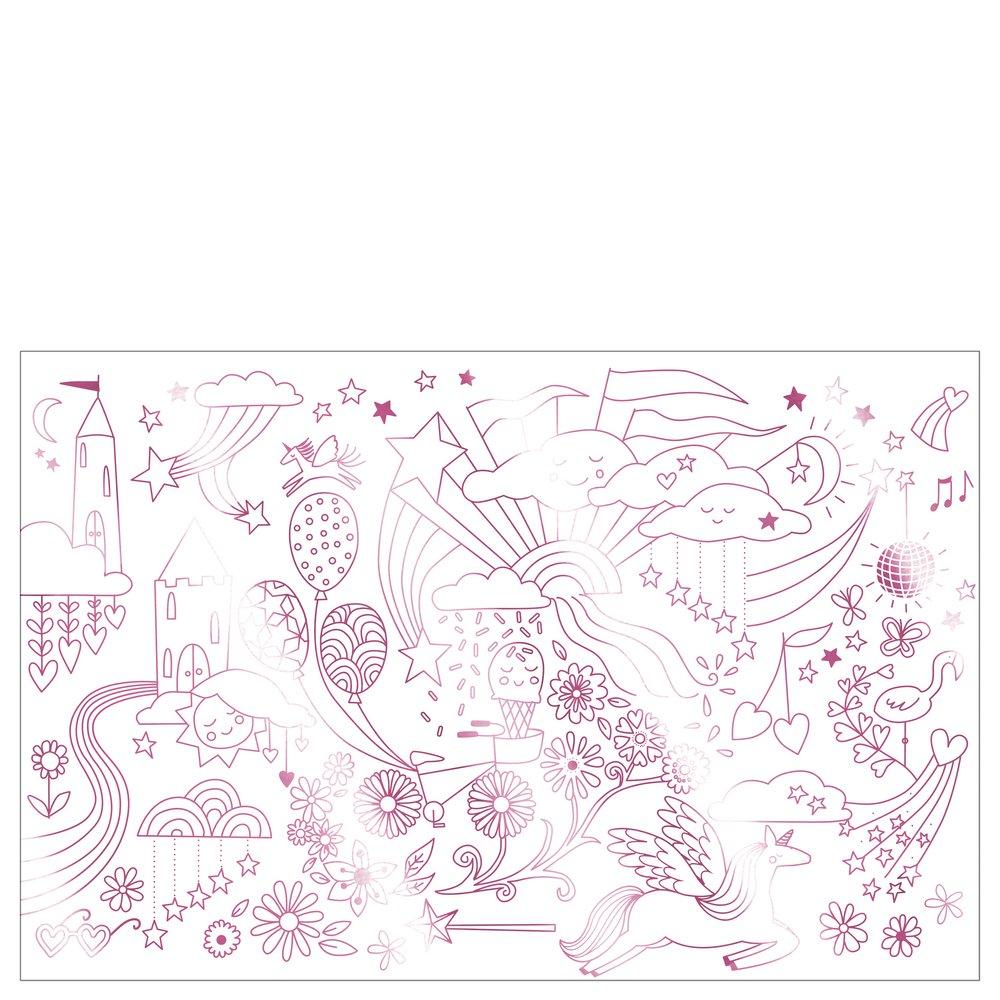 The pink foil illustrations of unicorns in a happy world are fun to colour in. 