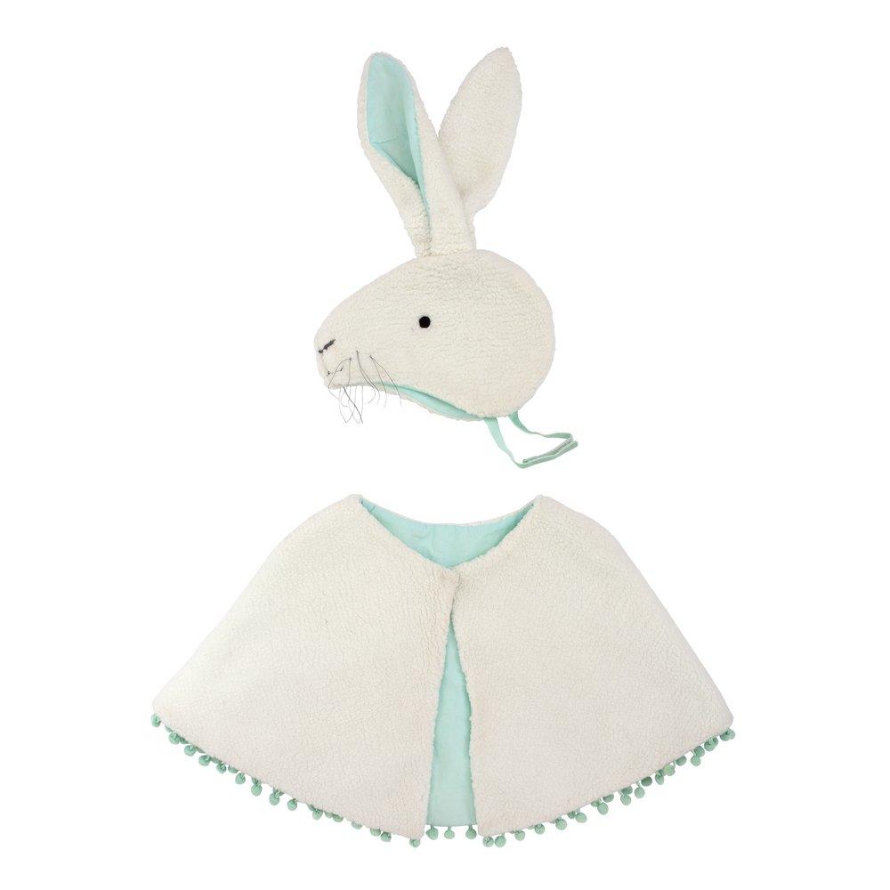 This bunny costumes features a cape and head dress crafted from soft fleece, with embroidered details and a mint lining. 