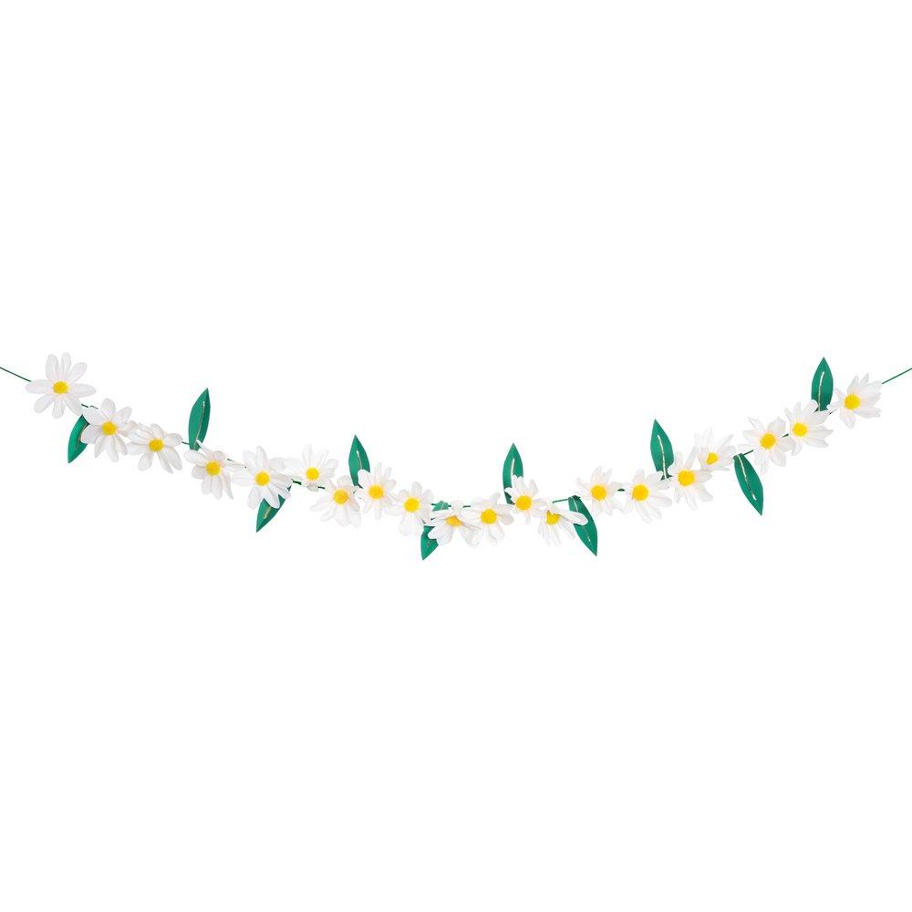 The garland features crepe paper daisies and 3D paper leaves with a gold foil shimmer. 