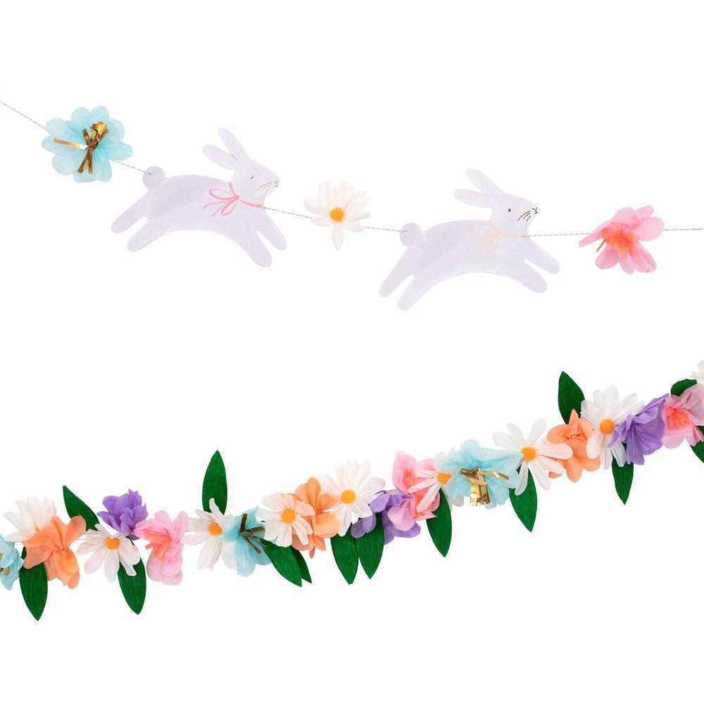 These two garlands feature leaping bunnies, tissue paper flowers and leaves. 