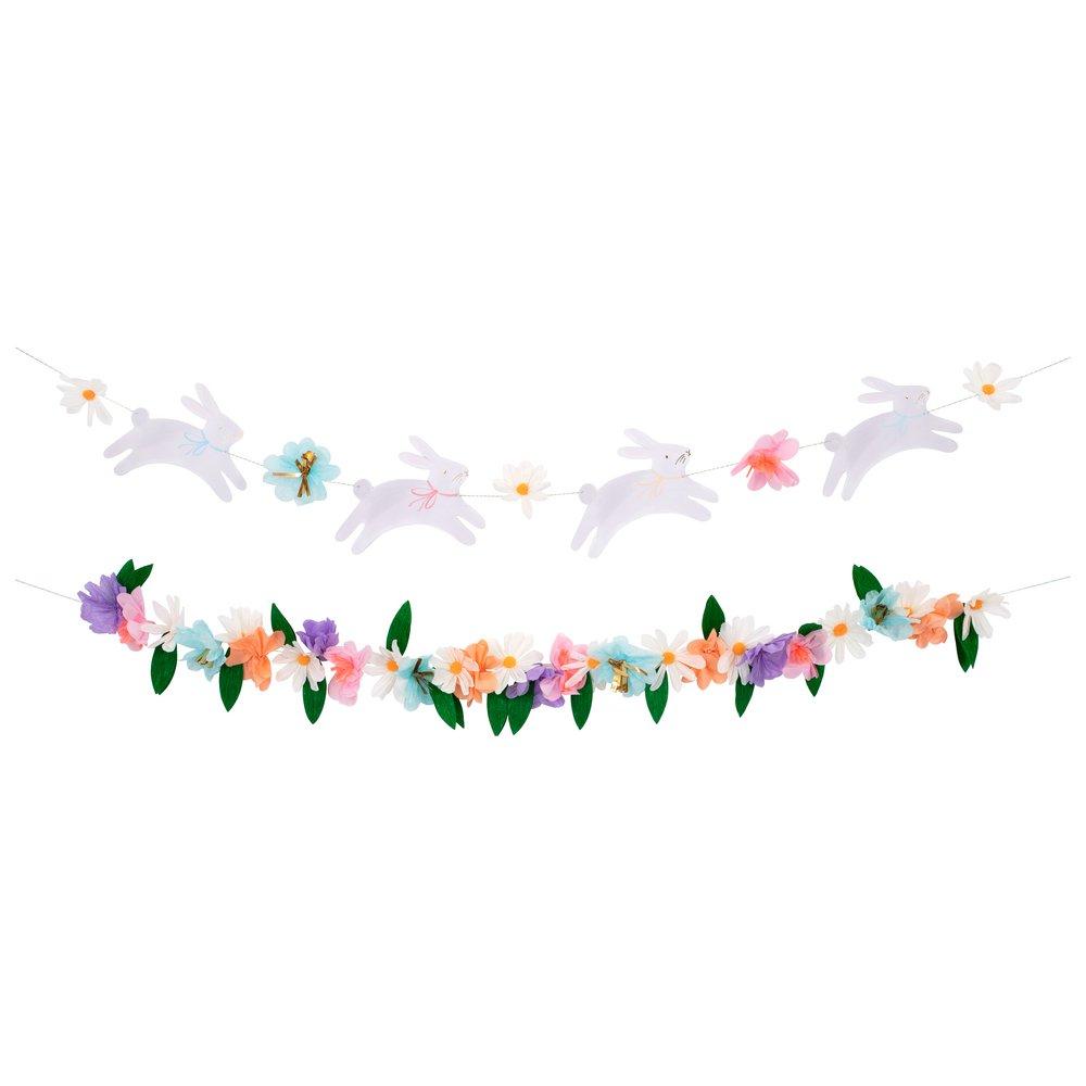 These two garlands feature leaping bunnies, tissue paper flowers and leaves. 