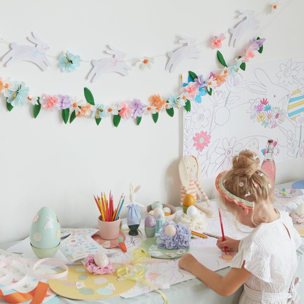 These two garlands feature leaping bunnies, tissue paper flowers and leaves. 