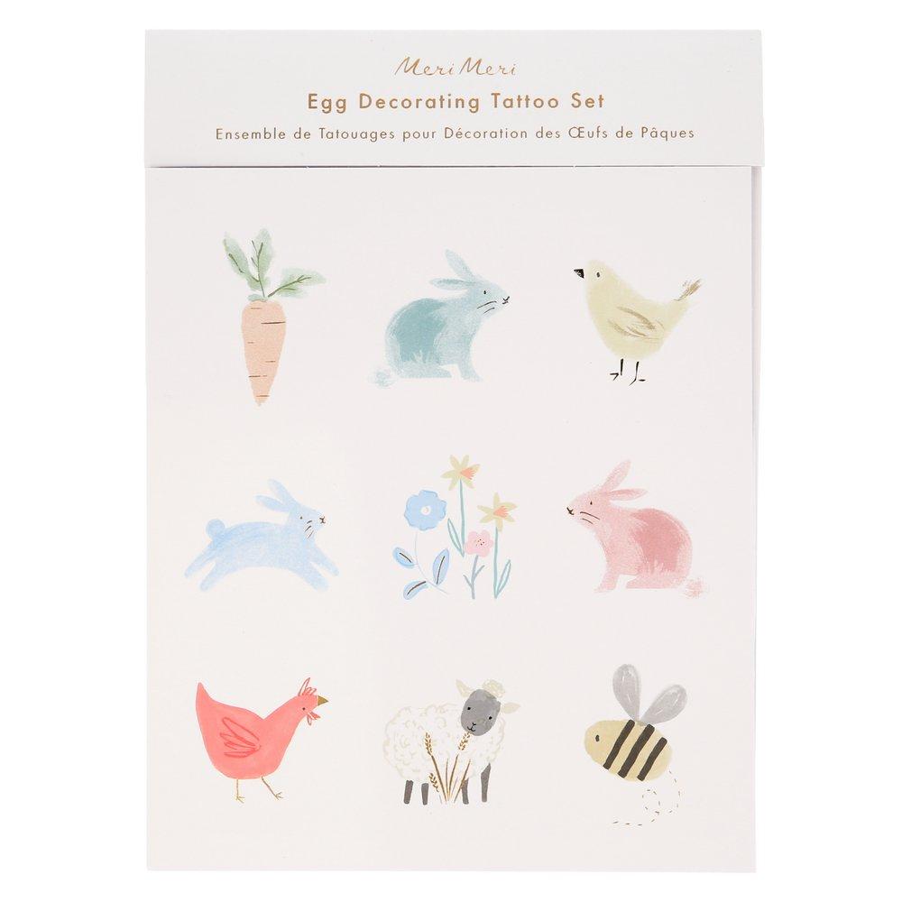 The kit contains 27 tattoos, of bunnies, carrots, flowers, birds and bees, to decorate your eggs with. 