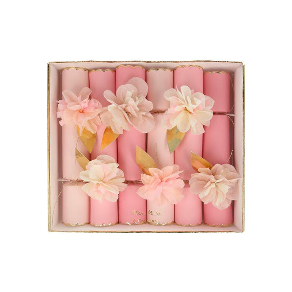 These pretty pink crackers are decorated with tissue paper flowers, and contain a tiara and sparkling glitter brooch.