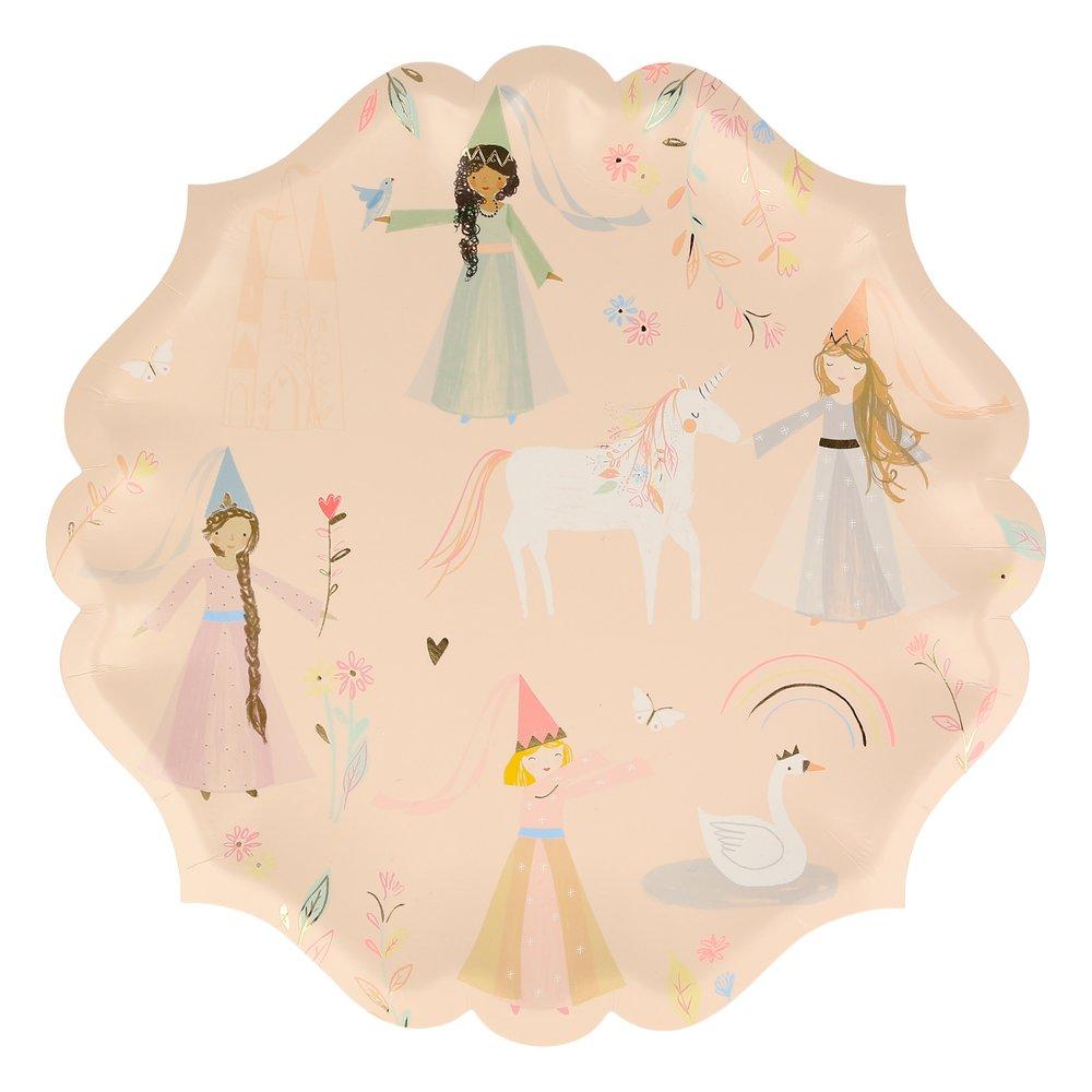 These princess birthday party plates feature beautiful designs of princesses and unicorns with gold foil detail. 