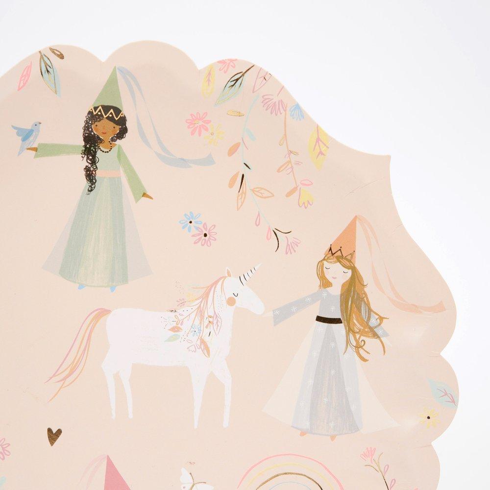 These princess birthday party plates feature beautiful designs of princesses and unicorns with gold foil detail. 