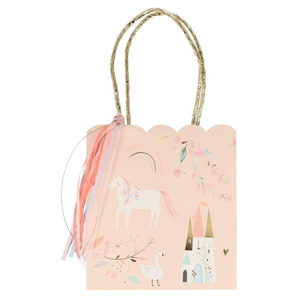 These beautiful party bags feature unicorns, swans and castles, with a scalloped edge and gold foil detail.