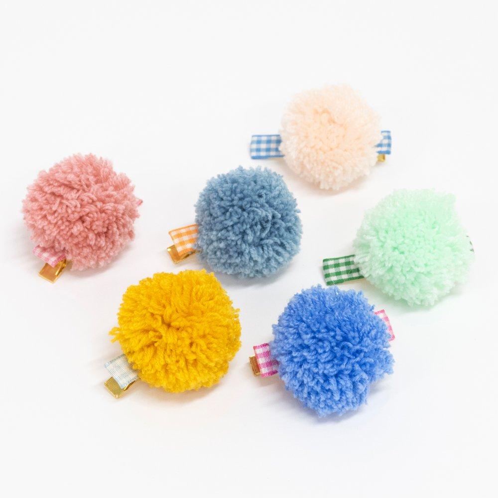 Gingham & Big Pompom Hair Clips (set of 6)