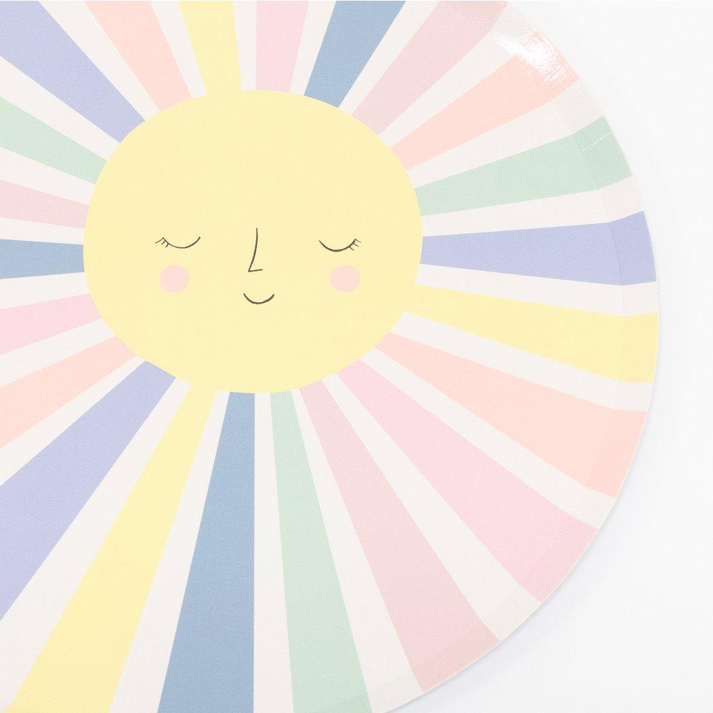 Fill your party with joy and cheer with these colourful smiling sun party plates.