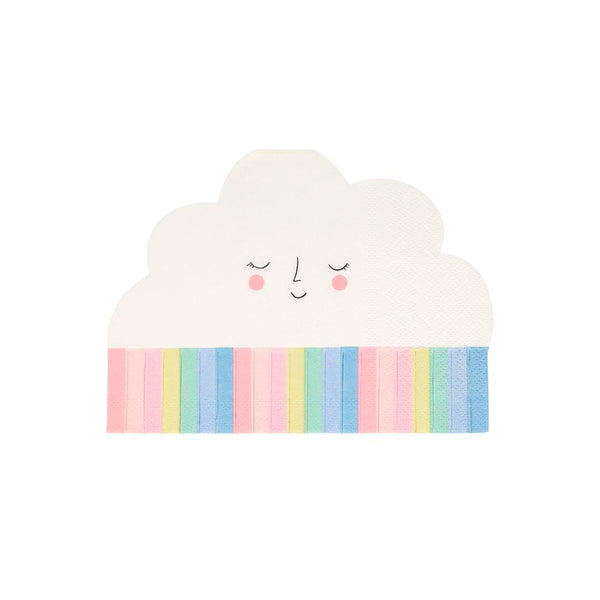 These party napkins feature a smiling cloud with bright tissue paper fringed details. 