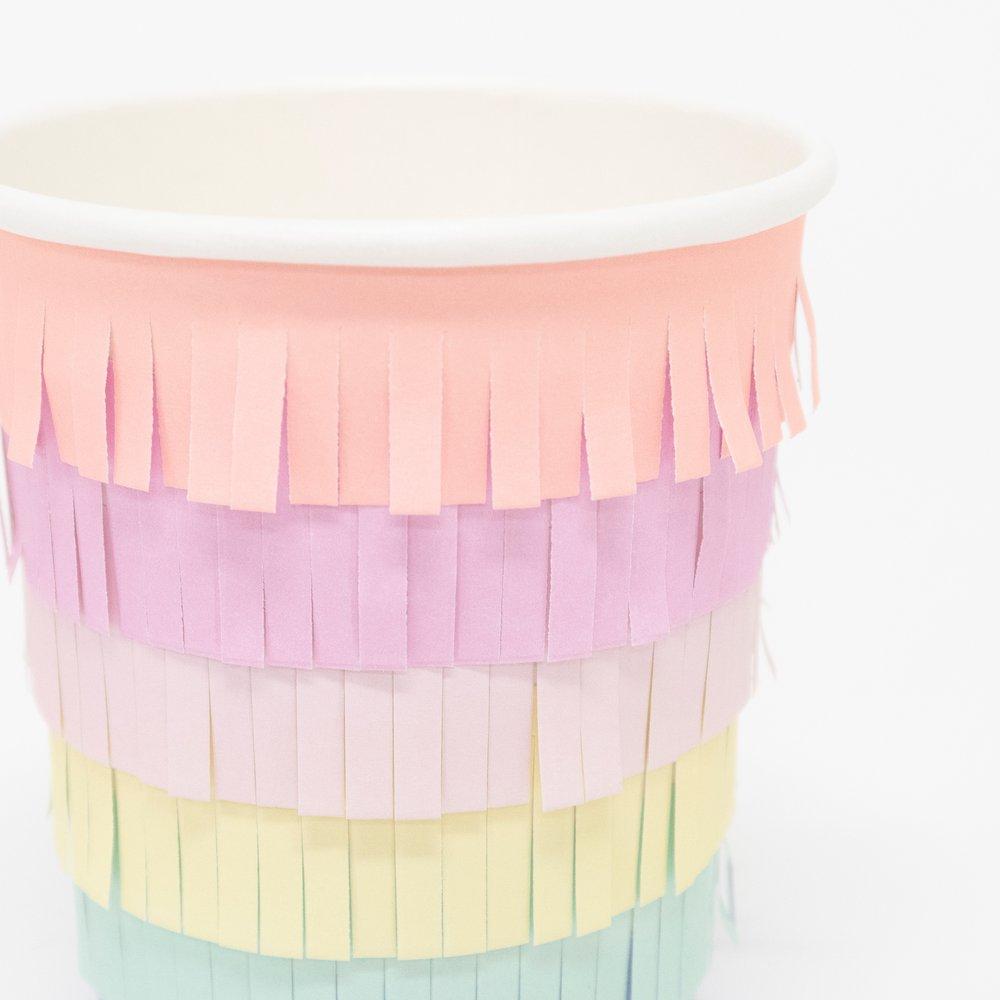 These rainbow party cups are crafted with bright layers of fringed tissue paper for a fabulous effect.  