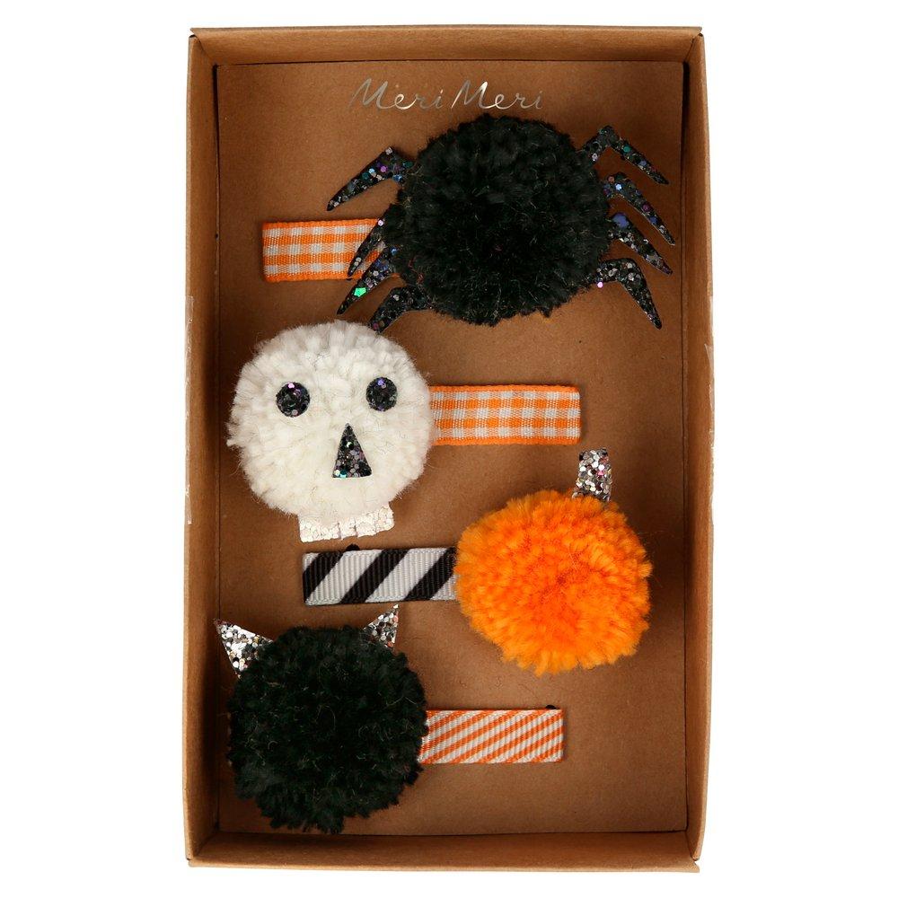 Create the most amazing Halloween hairstyles with these skull, spider, pumpkin and cat pompom clips.