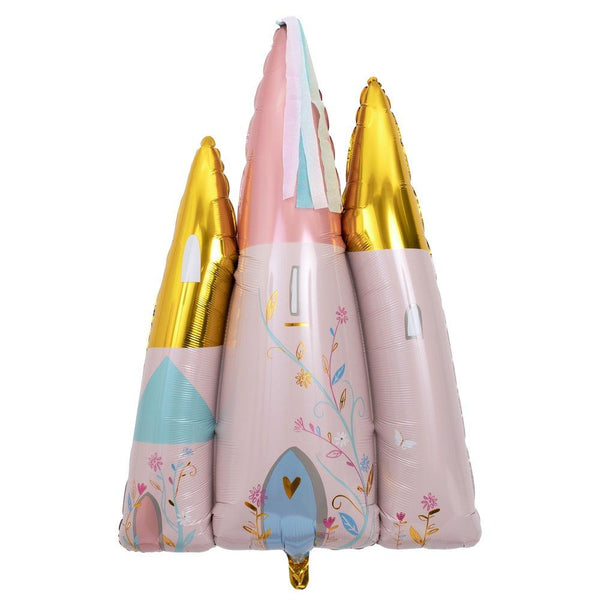 This beautiful castle balloon, crafted from foil with delightful streamers, is the perfect princess party decoration.