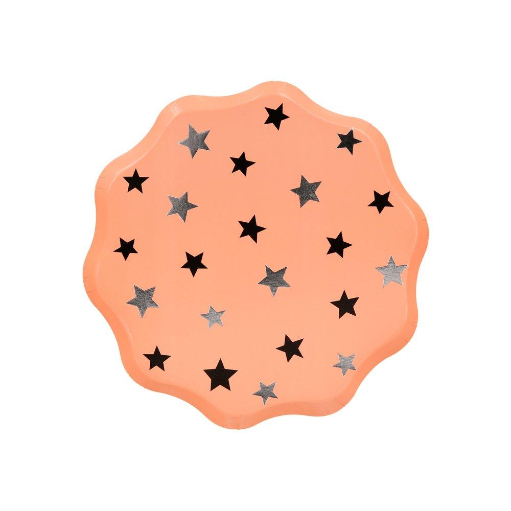 These pastel peach Halloween plates have star decorations and a scalloped edge border. 